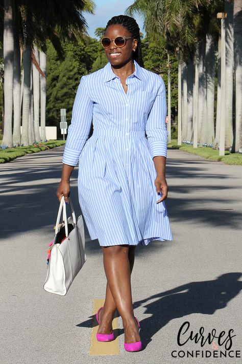 pinstripe button up dress, shirt dress, pink pumps, curvy girl work outfit Pink Pumps Outfit, Work Outfits Office, How To Wear Shirt, Pumps Outfit, Curves And Confidence, Dress Curvy, Pom Pom Sandals, Pleated Shirt Dress, Leandra Medine