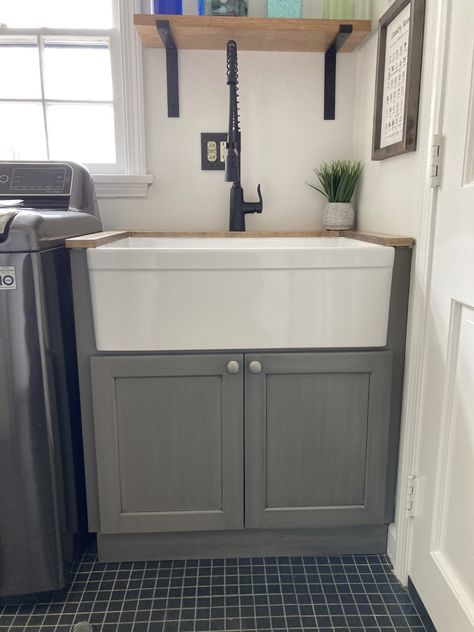 Farmhouse sink for a laundry/mud room upgrade | Designer & Builder: Pearl & Sons Furniture Design LLC Mud Room Sink Cabinet, Laundry Vanity Sink, Farm Sink Laundry Room, Mudroom Sink Ideas, Laundry Room Farmhouse Sink, Diy Laundry Sink, Laundry Sink Makeover, Hide Utility Sink, Mudroom With Sink