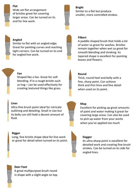 Different Paint Brush Uses, Paint Brush Uses, Acrylic Paint Brushes Guide, Artist Brush Guide, What Paint Brushes To Use, Acrylic Paint Brush Guide, How To Use Different Paint Brushes, Paint Brush Care Poster, Types Of Paint Brushes And Their Uses