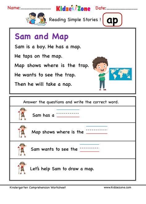 Kindergarten worksheets - ap word family - reading Comprehension Word Family Reading Comprehension, Family Reading Comprehension, Ap Word Family, Phonics Grade 1, Phonics Stories, Kindergarten Reading Comprehension, 2 Letter Words, Word Family Reading, Comprehension Kindergarten