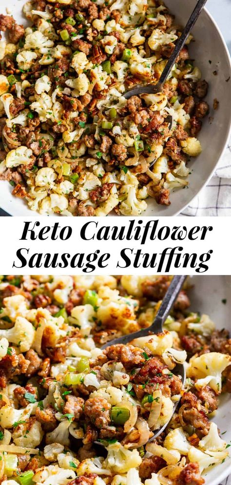 This cauliflower stuffing is packed with goodies like crispy browned sausage, caramelized onions, toasty pecans and savory herbs.  It’s low carb, Whole30 compliant and keto friendly.  It’s sure to be a total showstopper at your holiday table, even for the non-paleo crowd! #keto #paleo #cleaneating #whole30 Cauliflower Sausage, Cauliflower Stuffing, Low Carb Stuffing, Keto Mashed Cauliflower, Keto Stuffing, Thanksgiving Servings, Paleo Thanksgiving, Sausage Stuffing, Savory Herb