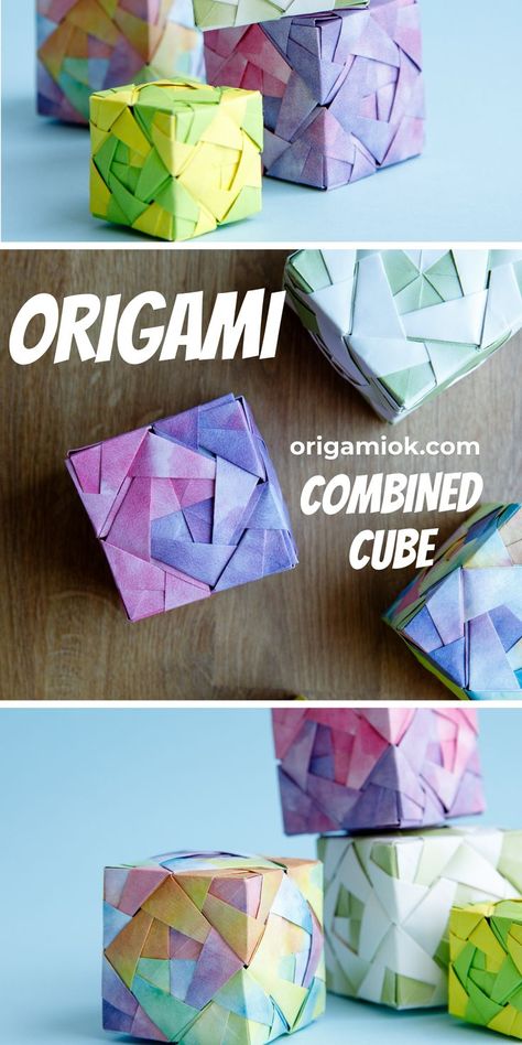 This origami combined cube may look very challenging and complex, on the contrary, it does not have a high difficulty level. It is combined with 24 pieces of paper, don’t worry, each of the paper will be folded in the same manner, and all of them do not involve too many steps. All you need is time and patience. As you can see, the finished product is truly interesting, and the making process is full of fun, you will definitely be immersed in it. Paper Cube Origami, Origami Easy Rectangle Paper, Origami Geometric Shapes, Cube Origami, Origami Tessellation, Origami Collection, Origami Cube, Paper Cube, Time And Patience