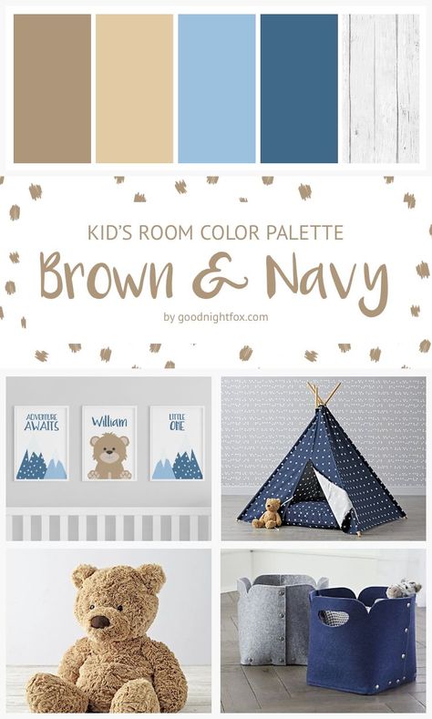 Brown & Navy Color Palette | Boy's Room Color Palette | Baby Boy | Modern Nursery Color Palette | Teddy Bear Kids Room | Navy & Brown | Modern Nursery Nursery Ideas Neutral Color Palettes, Teddy Bear Color Palette, Blue Brown Home Decor, Baby Boy Color Schemes, Brown And Blue Nursery, Boy Room Color Palette, Boy Nursery Colors Palette, Boy Baby Shower Color Scheme, Nursery Color Palette Boy