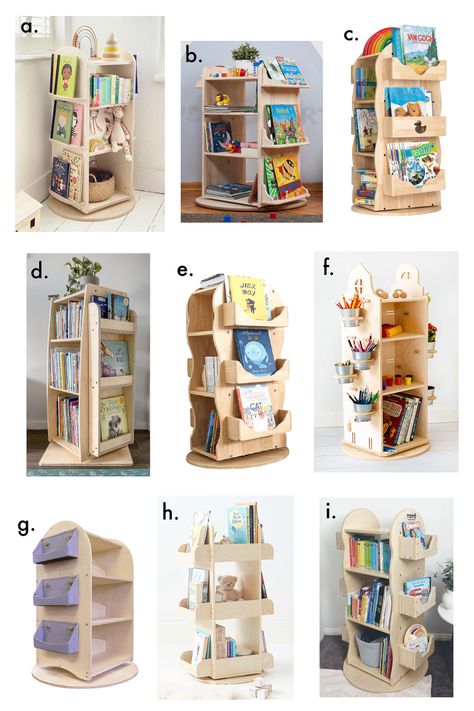 Kid Books Storage, Books Shelves For Kids Room, Rotating Storage Tower, Montesorri Book Shelf, Bookshelves Montessori, Book Shelves Kids Room, Montessori Book Storage, Book Shelves For Kids Room, Diy Bookshelves For Kids