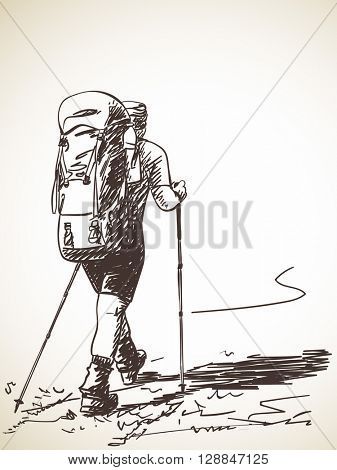 Mountain Vector, Camping Tattoo, Trekking Backpack, Camping Drawing, Big Backpack, Backpack Drawing, Hiking Tattoo, Mountain Drawing, Man Sketch