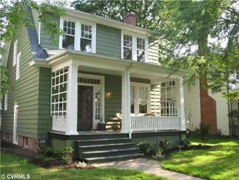 Sage Green House Exterior, Green House Color, Sage Green House, Porch Privacy, Green Exterior House Colors, Green House Exterior, Green Siding, White Porch, Valley Cottage