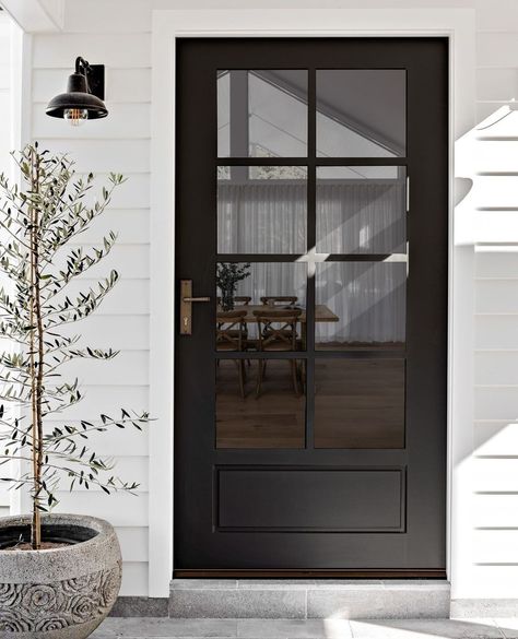 black doors interior • Instagram Dark Hamptons Style Exterior, Entry Interior Design, Paint 2023, Entry Inspiration, Black Exterior Doors, Black Front Door, Dark Features, Light Floors, Black Front Doors