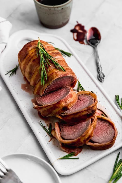 Bacon-Wrapped Beef Tenderloin | Cravings Journal Wine Reduction Sauce, Bacon Wrapped Tenderloin, Brisket Marinade, Bacon Wrapped Beef, Red Wine Reduction Sauce, December Recipes, Reduction Sauce, Red Wine Reduction, Beef Tenderloin Recipes