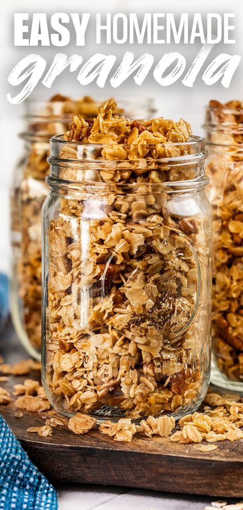 A close up view of jars filled with homemade granola. Recipe For Granola Homemade, Martha Stewart Granola Recipe, Easy Homemade Granola Recipe, Granola Recipes Homemade, How To Make Granola At Home, Gronala Recipes Easy, Homemade Granola Honey, Best Granola Recipe Homemade, Home Made Granola Recipe