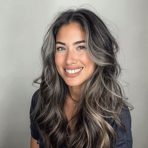 Grey Hair Grow Out Transition, Partial Highlights Grey Blending, Greying Brunette Hair, Dark Brown Gray Blending, Blending In Greys In Brown Hair, Grey Grow Out Balayage, Transition To Gray Hair From Brown, Low Maintenance Grey Blending, Balayage Grey Blending