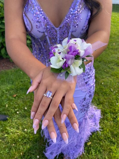 Prom Nail Purple, Acrylic Nails For Purple Dress, Prom Nails Violet, Nails That Go With A Purple Dress, Lavender Purple Corsage, Nails To Match Purple Dress Prom, Prom Nails French Tip Almond, Almond Nails French Tip Purple, Light Purple Prom Nails Short