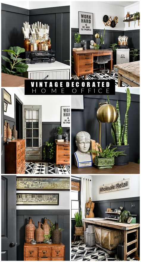 2023 Home Office Ideas, Office Vintage Design, Office Decor Vintage Inspiration, Grunge Office Decor, Eclectic Home Office Inspiration, Modern Vintage Home Office, Vintage Home Office Decor, Bohemian Office Ideas, Black Office Aesthetic