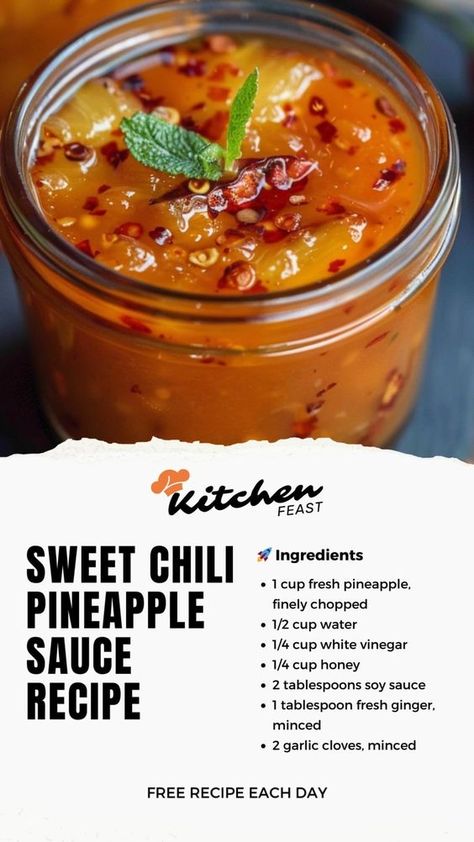 Discover how to make your own Sweet Chili Pineapple Sauce with this simple recipe! Ideal for dipping, drizzling, or marinating, this sauce adds a tropical twist to any dish. Perfect for foodies looking to spice up their culinary creations! #SweetChiliSauce #PineappleSauce #HomemadeCondiments #EasyRecipes Chilli Pineapple Sauce, Sauce Recipes For Salad, Sweet Chilli Pineapple Sauce, Sweet And Tangy Sauce, Pineapple Sauce Recipes, How To Make Sweet Chili Sauce, Sweet Chili Pineapple Sauce, Dip Sauce Recipes, Pineapple Hot Sauce Recipe