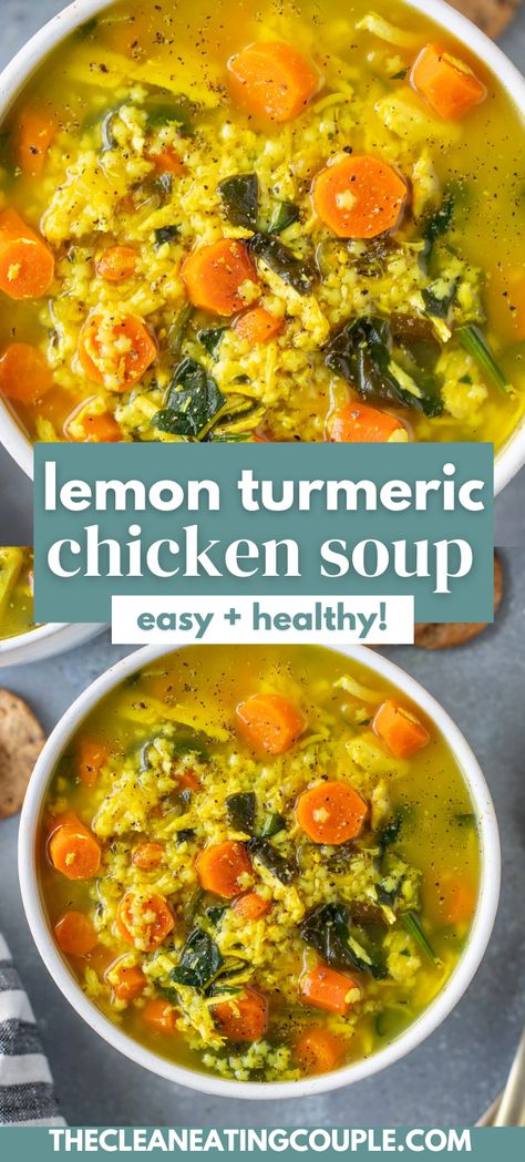 Lemon Turmeric Chicken Soup (Easy + Healthy!) is the ultimate comfort food. Loaded with anti-inflammatory turmeric and tons of veggies! Easy to make and delicious. Chicken Pastina Soup, Chicken Pastina, Chicken Soup Easy, Soup Easy Healthy, Turmeric Chicken Soup, Pastina Soup, Turmeric Soup, Turmeric Chicken, Lemon Chicken Soup