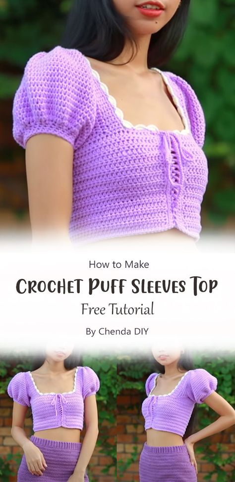 In this tutorial, Chenda will walk you through the process of creating your very own crochet puff sleeves top, with step by step. This unique piece combines vintage charm with contemporary style, showcasing your creativity and crochet skills. Wear it proudly and enjoy the compliments that come your way! Crochet Tops With Sleeves, Crochet Puff Sleeves Pattern, How To Crochet Puff Sleeves, Crochet Puff Sleeve Dress, Crochet Sleeves Tutorial, Crochet Cuffs Sleeve, Crochet Puffy Sleeves, Crochet Princess Top, Crochet Top Puff Sleeve