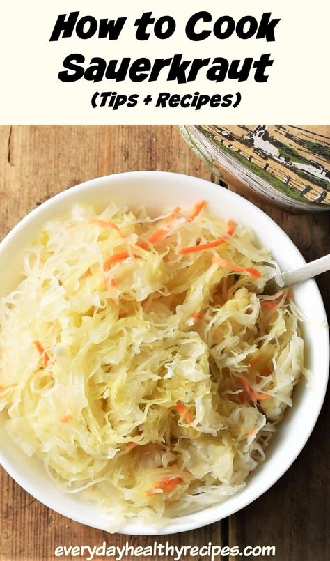 Find out how to cook sauerkraut, how to serve it, its nutritional benefits as well as how to buy it. The post also contains sauerkraut recipes. #sauerkrautrecipes #sauerkraut #sauerkrautcasserole #sauerkrautstew #polishrecipes #everydayhealthyrecipes How To Make Saurkraut Recipes, How To Cook Canned Sauerkraut, How To Cook Sourkrout, Cabbage And Sauerkraut Recipes, Sauerkraut Side Dish, Sourcrout Recipes Easy, Quick Sauerkraut Recipes, Saurkraut Recipes Diy, Saurkraut Recipes Polish