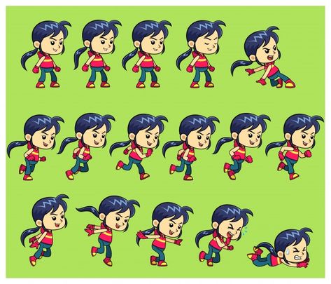 Game Sprite, Avatar Design, Frame By Frame, Action Pose Reference, Game Sprites, Blue Girl, Action Pose, Girl Character, Graphic Editing