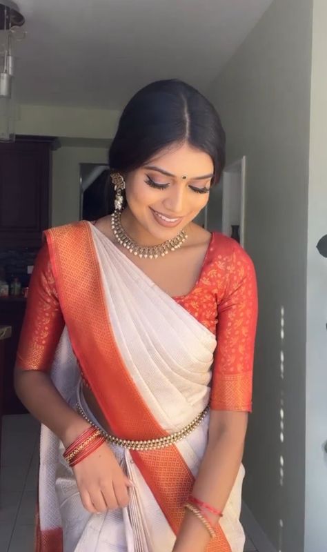 tamil functions Tamil Style Saree, Tamil Look Saree, Traditional Tamil Saree Look, Tamil Girls Saree Look, Tamil Wedding Outfit, Tamil Saree Look, Tamil Traditional Dress, White Kanjeevaram Saree, Tamil Wedding Saree