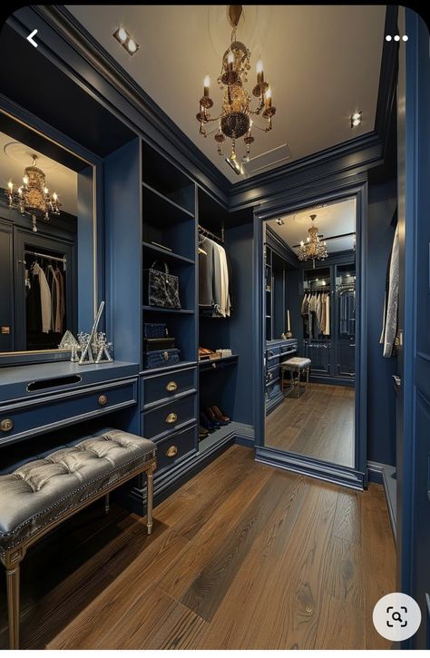 Navy Walk In Closet, Walk In Closet Colorful, Master Walkin Closet Ideas, Masculine Walk In Closet, Victorian Walk In Closet, Mens Walk In Closet Design, Blue Walk In Closet, Princess Mansion, Walk In Closet With Island