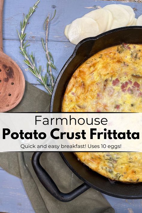 There is a cast iron skillet with a frittata full of pieces of ham and cheese melted on top. Potato Crust Frittata, Frittata Recipes With Potatoes, Spinach Potato Frittata, Ham Frittata, Weekend Breakfast Ideas, Potato Frittata Recipes, Frittata Recipes Breakfast, Sausage Frittata, Egg Frittata