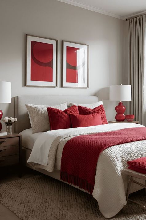 White Bedding With Red Accents, Red Color Palette Bedroom, Red Accent Bedroom Ideas, Red Bed Ideas, Red Comforter Bedroom Ideas, Bedroom Red Aesthetic, Cherry Red Bedroom, Red Room Design, White Red Bedroom