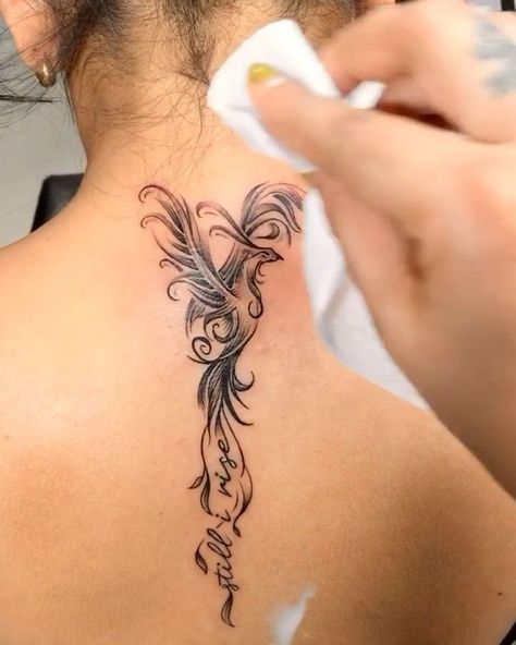 Phoniex Tattoo Women, Phenoix Tattoos For Women, Phoniex Tattoo Design, Phoenix Tattoo Feminine Back, Still I Rise Phoenix Tattoo, Pheonix Tattoo Ideas Female, Phoenix Tattoo Feminine The Ashes, Phönix Tattoo Women, Small Phoenix Tattoos For Women