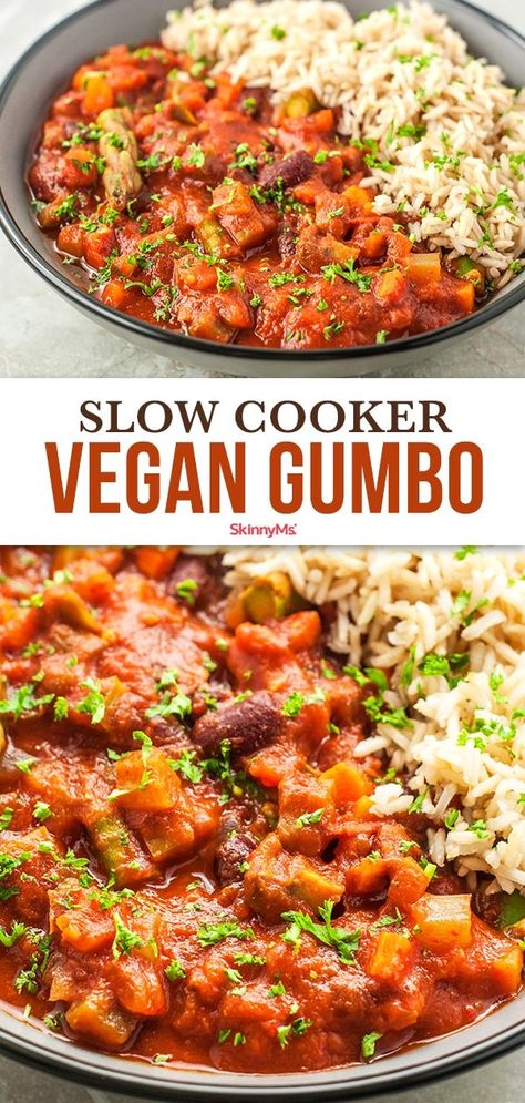 Vegan Slow Cooker Meals, Plant Based Slow Cooker, Vegan Gumbo Recipe, Healthy Gumbo, Slow Cooker Vegetarian Recipes, Vegan Gumbo, Slow Cooker Vegan, Vegan Crockpot Recipes, Vegan Slow Cooker Recipes