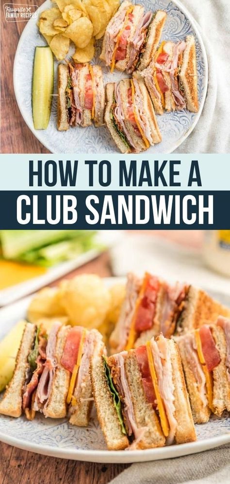 How to Make a Club Sandwich. One of the most popular sandwiches for lunch is the club sandwich. A club sandwich layers turkey, ham, bacon, cheese, lettuce, and tomato between three layers of toasted bread. Cut the sandwich in fourths and hold each fourth together with a toothpick for easy serving and eating. Ham And Turkey Club Sandwich, Toasted Club Sandwich, English Cheese And Pickle Sandwich, Best Turkey Club Sandwich, Hot Sandwiches For Lunch, Ultimate Club Sandwich, Quick Delicious Lunch Ideas, Club Sandwich For A Crowd, Fancy Club Sandwich