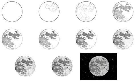 How to Draw a Moon - A Step-by-Step Realistic Moon Drawing Tutorial Drawing Of The Moon, Draw A Moon, Moon Sketch, Cycle Drawing, Draw Cat, Moon Texture, Pencil Sketches Easy, Copic Drawings, Colored Pencil Tutorial