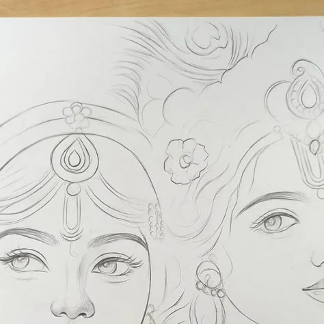 Radhe Krishna Pencil Sketch, God Love Drawing, Radha Ji Sketch, Radhe Krishna Drawing Pencil, Easy Sketches Aesthetic, Devotional Drawings, Radha Ji Drawing, Kanha Ji Drawing, Lord Krishna Drawing Pencil