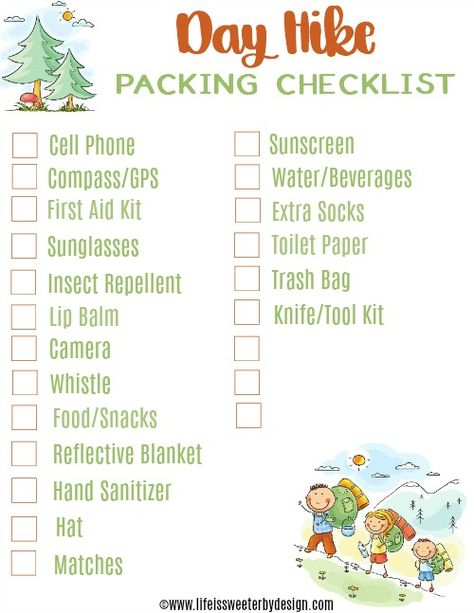 day trip hiking checklist Hiking List, In Case Of Zombies, Hiking Checklist, Hiking Day Pack, Kids Checklist, Hiking Staff, Travel Packing Checklist, Vacation Packing List, Day Hiking