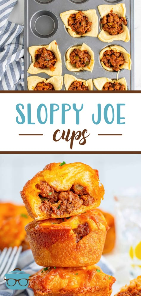 These Sloppy Joe Cups are a fun, flavorful and easy weeknight dinner recipe! They are made with a simple homemade sloppy joe filling, crescent dough and of course, cheese! Sloppy Joe Crescent Cups, Sloppy Joe Cups Muffin Tins, Sloppy Joe Crescent Ring, Sloppy Joe Biscuit Cups, Sloppy Joe Croissants, Sloppy Joe Crescent Rolls, Sloppy Joe Biscuits, Easy Kids Meals Dinner, Sloppy Joe Ideas