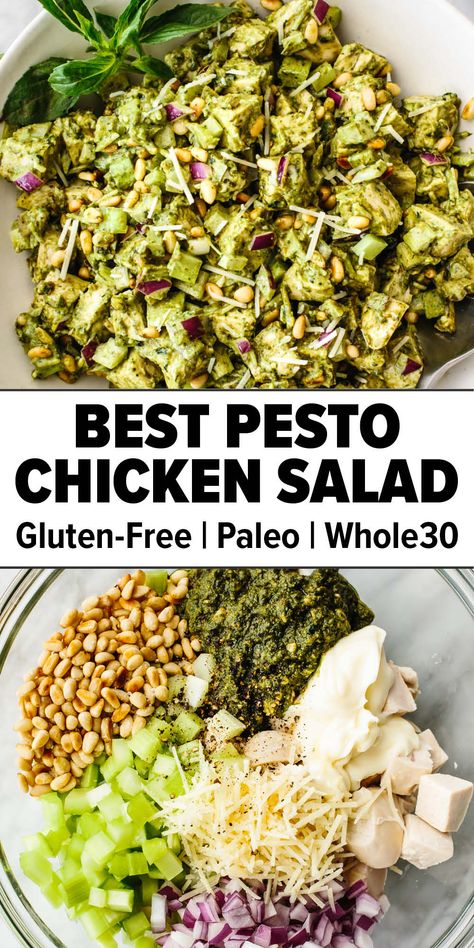 Basil pesto chicken salad Whole 30 Basil Recipes, Healthy Pesto Salad, Basil Pesto Chicken Salad, Pesto Chicken Salad Wrap, Chicken Pesto Salad Recipes, Pesto Bowl Recipe, Easy Pesto Meals, Summer Pesto Recipes, Pesto Dinner Recipes Healthy