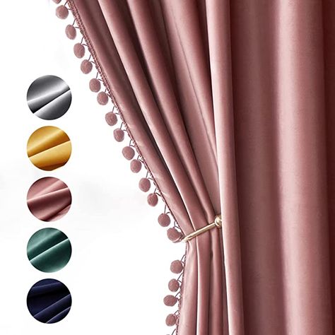 Amazon.com: MIULEE Dry Rose Pink Pom Pom Velvet Curtains for Bedroom/Living Room Darkening Thermal Insulating 96 Inches Long Blackout Curtains with Rod Pocket for Girls Room/Nursery/Home Theater Set of 2 : Everything Else Burnt Orange Curtains, Color Block Curtains, Pink Blackout Curtains, Orange Curtains, Dry Rose, Cute Curtains, Curtains Holdbacks, Pink Curtains, Curtain Room