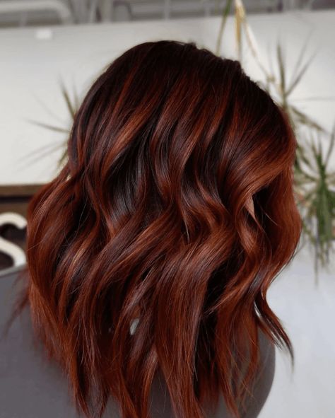 47 Cozy Fall Hair Colors - Inspiring Hairstyles Fall Highlights For Auburn Hair, Cowboy Copper On Short Hair, Dark Copper Balayage Hair, Deep Fall Hair Colors, Red Hair For Brunettes Brown Eyes, Short Hair Fall Color, Mahagony Copper Hair, November Hair Color Ideas, Chestnut Cinnamon Hair