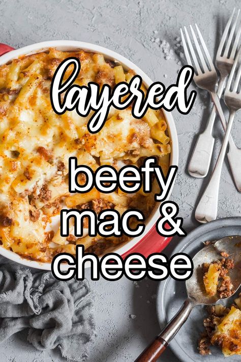 Layered Mac 'n Cheese With Ground Beef - Layered Mac 'n Cheese with Ground Beef: Because why settle for one layer of comfort when you can have three? | CDKitchen.com Mac And Cheese With Ground Beef, Ground Beef Mac N Cheese, Beef Mac N Cheese, Ground Beef Mac And Cheese, Ground Beef Steaks, Cheeseburger Mac And Cheese, Beef Mac And Cheese, Casseroles Beef, Gourmet Mac And Cheese