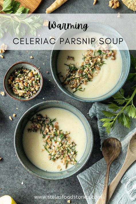 This celeriac soup recipe transforms humble ingredients into a real delicacy! The bacon walnut crumble is the cherry on top! #simplesouprecipes #humbleingredients #celeriacsouprecipe #wastefree #stelasfoodstories Celeriac Soup Recipes, Celeriac And Apple Soup, Walnut Soup, Parsnip And Apple Soup, Celeriac Recipes, Celeriac Soup, Holistic Food, Fennel Soup, Food Remedies