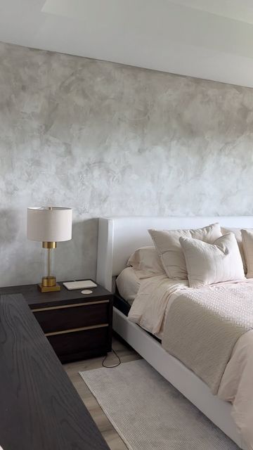 Cement Room Bedrooms, Plaster Bedroom Walls, Like Wash Walls Bedroom, Limewash Bedroom Decor, Grey Lime Wash Wall, Venetian Plaster Accent Wall, Limewash Interior Design, Limewash Walls Interiors Bedroom, Concrete Wallpaper Bedroom