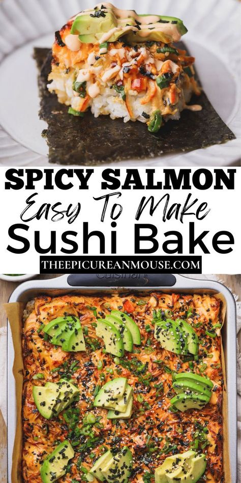 Sushi Bake Bowl, Sweet Egg Sushi, Healthy Summer Dinner Recipes Gluten Free, Healthy Salmon Sushi Bake, Crispy Salmon Sushi Bowl, Salmon Bowl With Seaweed, Salmon Seaweed Bites, Keto Sushi Recipes, Salmon Dinner Recipes For Two