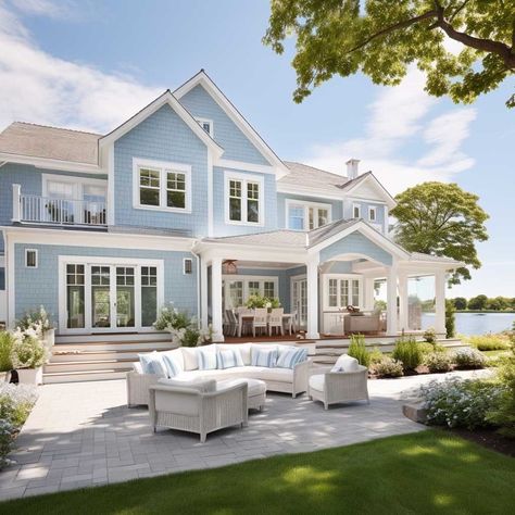 Small Beach House Exterior Coastal, Coastal Home Architecture, White Beach House Exterior Coastal, Cottage Beach House Exterior, White And Blue House Exterior, Coastal Houses Exteriors, Coastal Style Exterior, Coastal Suburban Home, Costal House Exteriors