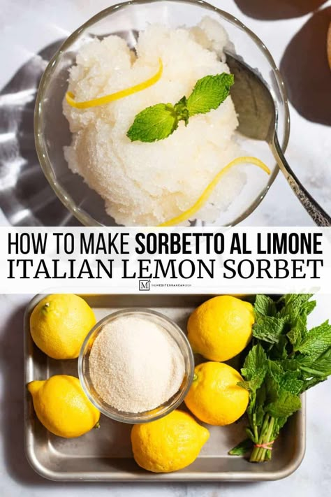 Easy lemon sorbet recipe with no specialty equipment needed! And this vegan, gluten free summer delight takes just 2 ingredients. Lemon Sorbet Recipe No Ice Cream Maker, Frozen Lemon Sorbet, Italian Lemon Sorbet Recipe, No Churn Lemon Gelato Recipe, Lemon Sorbetto Recipe, Lemon Mint Sorbet, Italian Lemon Sorbet, Italian Lemon Ice Cream, Homemade Lemon Sorbet