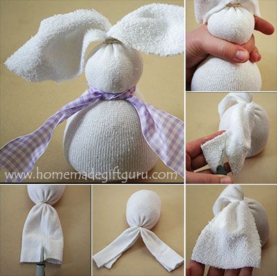 Step by step, trim and mold your sock bunny as shown... Sock Bunnies, Unique Easter Gifts, Holiday Hand Towels, Sock Bunny, Sock Snowman, Sock Crafts, Diy Socks, Christmas Sock, Unique Easter