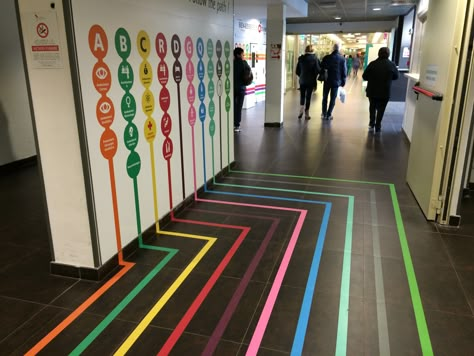 Floor Wayfinding, Children Hospital Design, Hospital Signage, Floor Graphics, Wayfinding Signs, Navigation Design, Way Finding, Wayfinding Design, Cabinet Medical