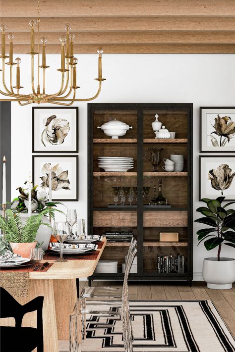 Rustic Glam Dining Room, Casa Rock, Glam Dining Room, Glam Dining, Dining Room Cabinet, Dining Room Hutch, Dinning Room Design, Rustic Glam, Wall Decor Ideas