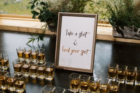 take a shot and find your spot escort card signage Rustic Chic Wedding Seating Chart, Fireball Wall Wedding, Wedding Find Your Table, 50 People Wedding Seating, Take A Shot And Find Your Spot, Take A Shot Take A Seat, Take A Shot And Take A Seat, Shot Wall Wedding, White Floral Wedding Dress