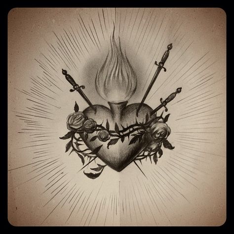 6,031 Likes, 56 Comments - Kat Von D (@thekatvond) on Instagram: “Old sacred heart sketch.” Realistic Sacred Heart Tattoo Design, Hai Tattoo, Sacred Heart Tattoo, Sacred Heart Art, Sacred Heart Tattoos, Mary Tattoo, Religious Tattoo, Sacred Hearts, Religious Tattoos