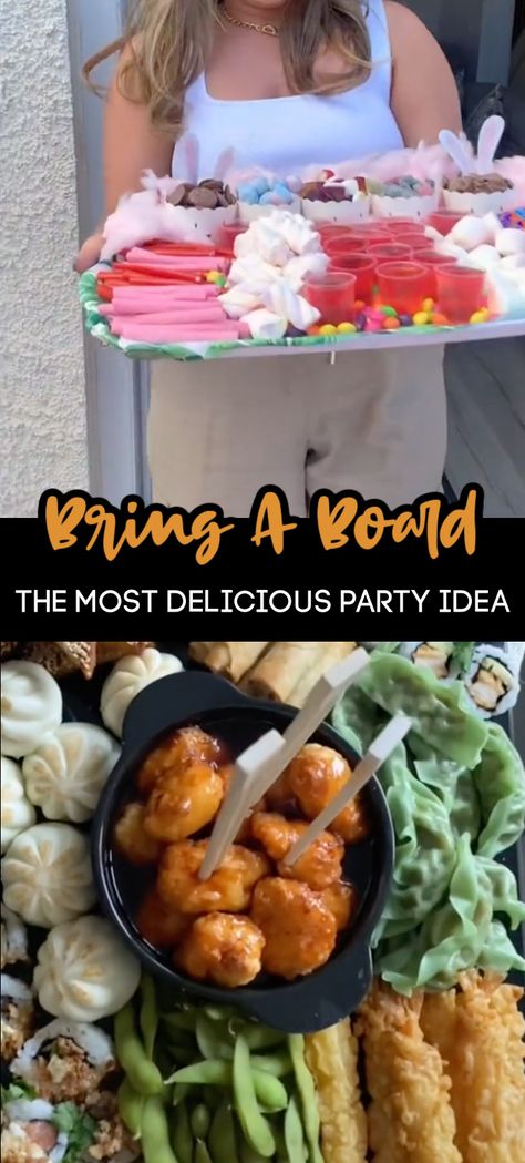 People Are Hosting 'Bring A Board' Parties And It's The Most Delicious Party Idea Ever Food Board For Parties, Charcuterie Board Potluck Party, Food Theme Board, Platter Party, Board Night Party, Bring A Platter Party, Bring A Board Ideas Food, Bring Your Board Party, Fun Boards Food