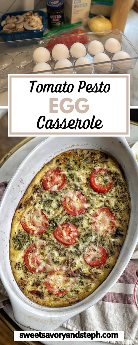 Tomato and pesto--a match made in egg bake heaven! This Healthy Tomato Pesto Egg Bake is a delicious option for breakfast with flavorful plum tomatoes, pesto, onion, mozzarella, mushrooms, and a handful of pantry staple seasonings. Set yourself up for success with this healthy meal prep. Tomato Egg Bake, Healthy Freezer Breakfast, Pancake Bake, Egg Bake Recipe, Sweet Savory And Steph, Cinnamon Baked Oatmeal, Pesto Eggs, Tomato Breakfast, Egg Bakes