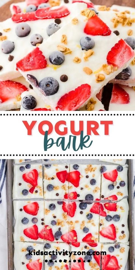 Easy yogurt bark is the perfect healthy and easy kids snack! Sweetened Greek yogurt is dotted with colorful fresh fruit, granola, and mini chocolate chips and frozen for the perfect grab and go cool treat! Colorful Snacks, Strawberry Yogurt Bark, Easy Frozen Yogurt, Yogurt Bark Recipe, Fruit Granola, Healthy Summer Snacks, Frozen Yogurt Bark, Berry Yogurt, Yogurt Bark