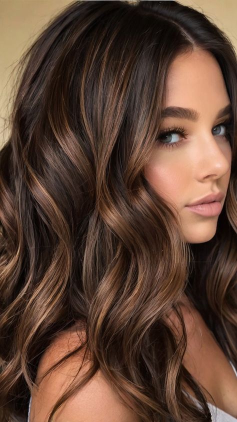 Dark Brown Hair Color Ideas Brown And Lowlights, Dark Ash Brown Ombre Hair, Medium Winter Hair, Dark Brown Hair With Medium Highlights, Cool Tone Brown Hair Highlights, Dark Hair Highlights Ideas, Best Low Maintenance Hair Color, What To Do With Brown Hair, Different Tones Of Brown Hair